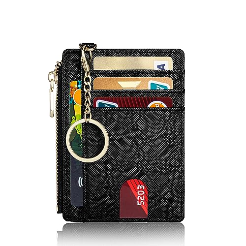 Suweibuke Slim Pocket Wallet, RFID Blocking Credit Card Holder Wallet with D-Shackle ID Window and Detachable keychain for Women (A-Black) - Image 1