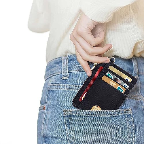 Suweibuke Slim Pocket Wallet, RFID Blocking Credit Card Holder Wallet with D-Shackle ID Window and Detachable keychain for Women (A-Black) - Image 4