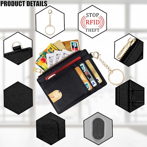 Suweibuke Slim Pocket Wallet, RFID Blocking Credit Card Holder Wallet with D-Shackle ID Window and Detachable keychain for Women (A-Black) - Image 3