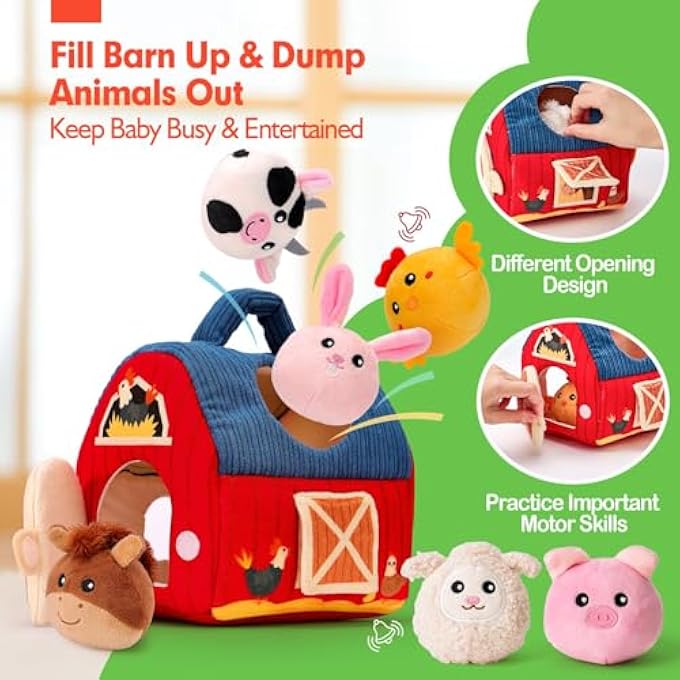 BABY TOYS 6-12 MONTHS - SURPRISE BARN WITH STUFFED FARM ANIMALS, RATTLE, CRINKLE PAPER, MIRROR - MONTESSORI TOYS FOR 6 MONTH OLD BABIES, SENSORY BALLS TODDLERS 1-3, 1 YEAR OLD BOY GIRL GIFTS - Image 4