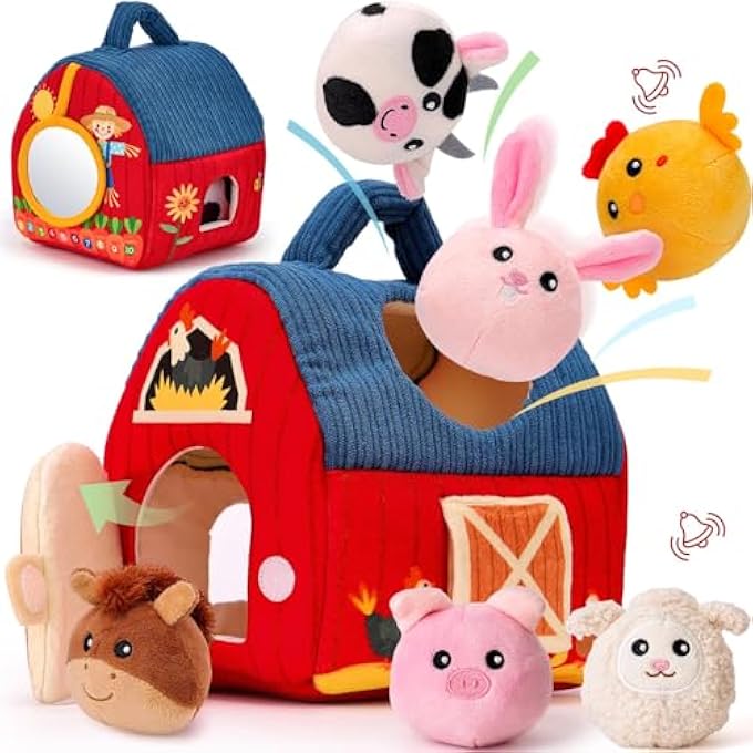 BABY TOYS 6-12 MONTHS - SURPRISE BARN WITH STUFFED FARM ANIMALS, RATTLE, CRINKLE PAPER, MIRROR - MONTESSORI TOYS FOR 6 MONTH OLD BABIES, SENSORY BALLS TODDLERS 1-3, 1 YEAR OLD BOY GIRL GIFTS - Image 1