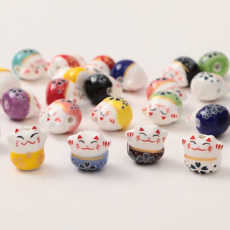 ANCADN 26pcs Ceramic Beads Lucky Cat Beads Maneki Neko Porcelain Spacer Beads for DIY Jewelry Makingluckycats