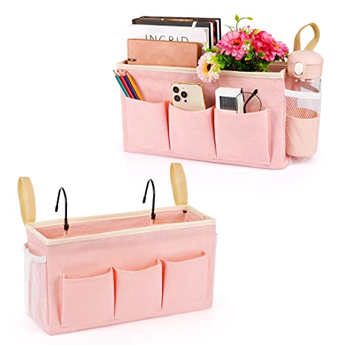 Lilithye Bedside Caddy Bedside Organizer Bedside Storage Caddy with Fixed Straps and Water Bottle Holder for Home College Dorm Bunk Bed Hospital Bed Crib Bed Rails (2pcs Pink) - Image 1