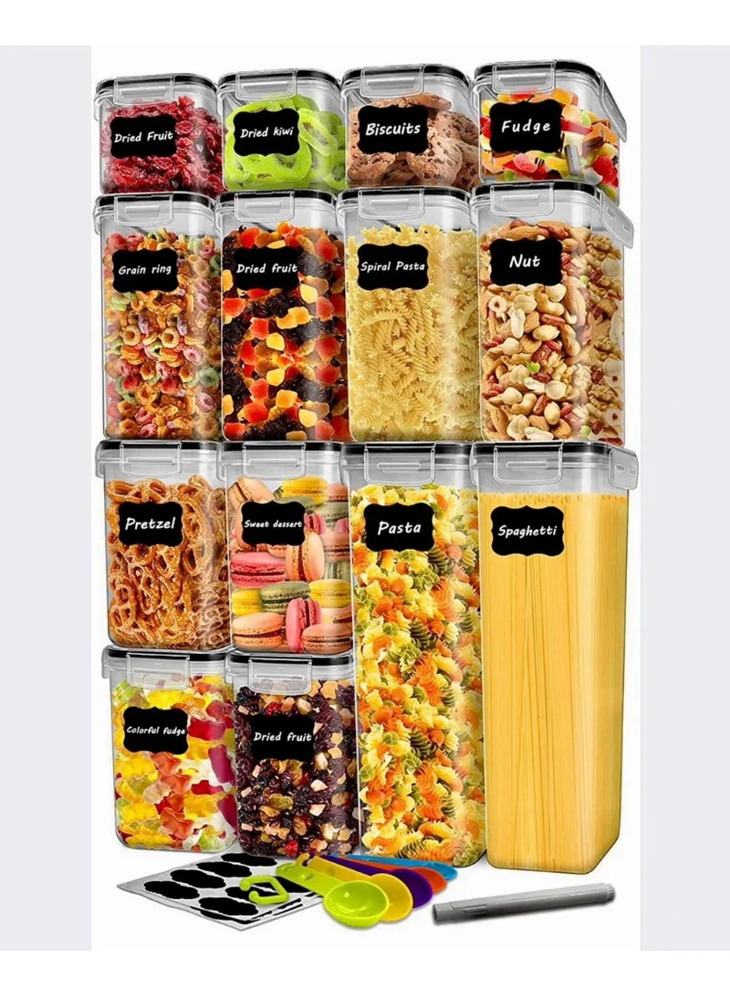 كويزيرا مجموعة حاويات تخزين الطعام محكمة الغلق، 14 قطعة من حاويات الطعام الجاف البلاستيكية الخالية من مادة BPA مع أغطية لتنظيم وتخزين مخزن المطبخ، تتضمن 20 ملصقًا وقلمًا، أسود