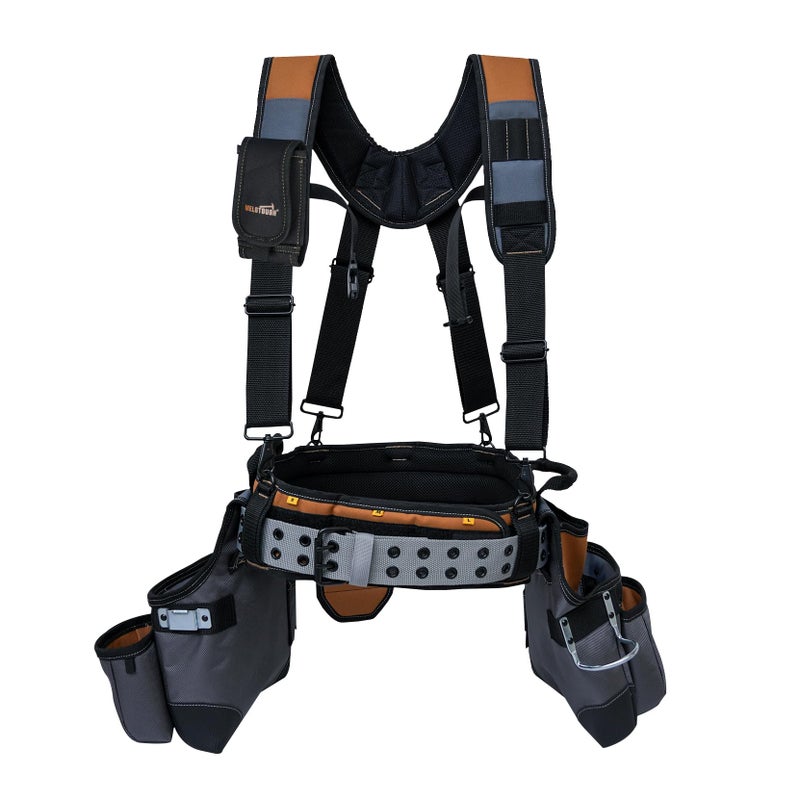MELOTOUGH Tool Belt with Suspenders Tool Bag Suspenders Framers Comb Apron Tool Belt Construction Tool Pouch Builder Heavy Duty Carpenter Suspension Rig for Electrician RoofingContractorKhaki