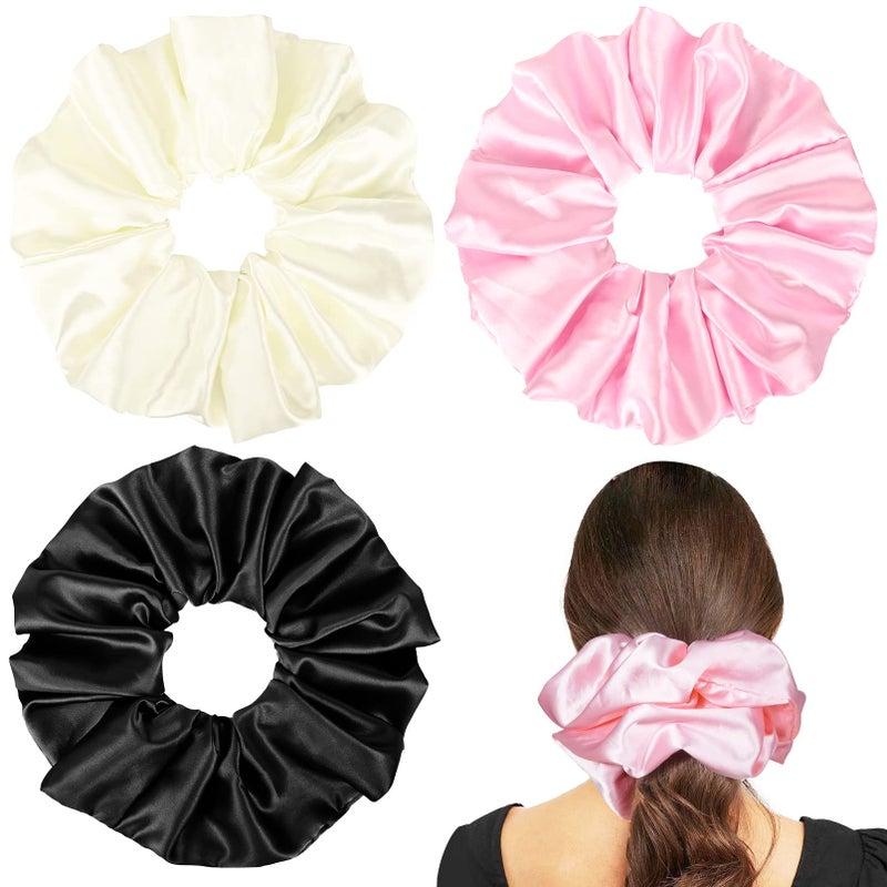 95 inch Silk Scrunchies Jumbo Giant Satin Scrunchies Thick Elastic Fluffy Hair Ties for Women Girls 3 Pack Black Pink Ivory