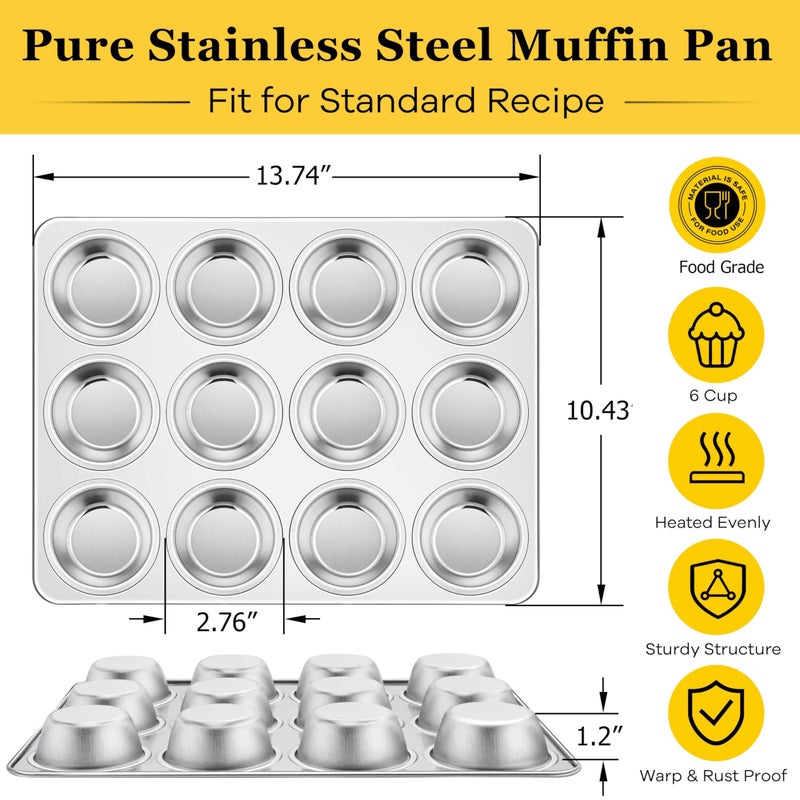 Homikit 1 Pack Muffin Pan, Stainless Steel Cupcake Tin with 12 Cups Regular Size, 13.8" x 10.4" Nonstick Metal Egg Bites Tray for Oven Baking, Non Toxic & Rust Free, Easy Release & Dishwasher Safe - Image 2