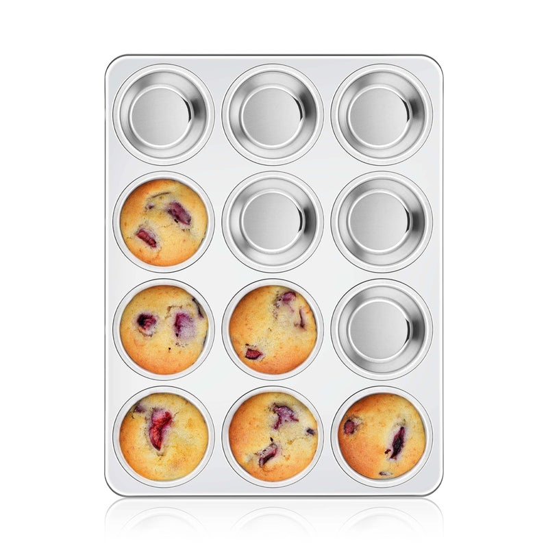 Homikit 1 Pack Muffin Pan, Stainless Steel Cupcake Tin with 12 Cups Regular Size, 13.8" x 10.4" Nonstick Metal Egg Bites Tray for Oven Baking, Non Toxic & Rust Free, Easy Release & Dishwasher Safe - Image 1