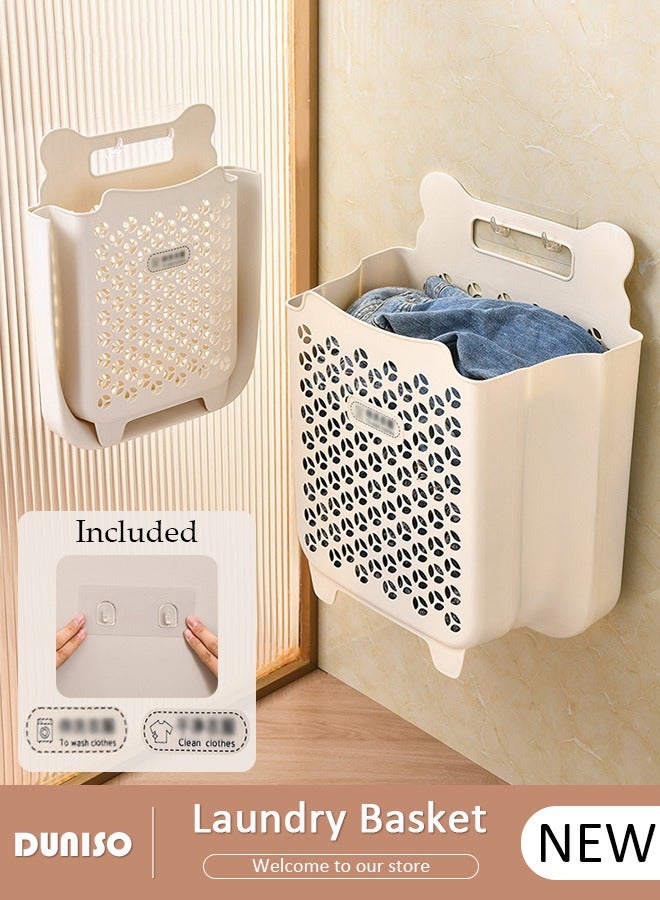 DUNISO 2 Pack Plastic Collapsible Hanging Laundry Basket with Carry Handle, Space-Saving Wall Collapsible Laundry Basket, Durable Tall Folding Plastic Laundry Hamper, Waterproof Dirty Clothes Organizer for Organizing Home, Clothes, Towels, Dorm  - Image 1