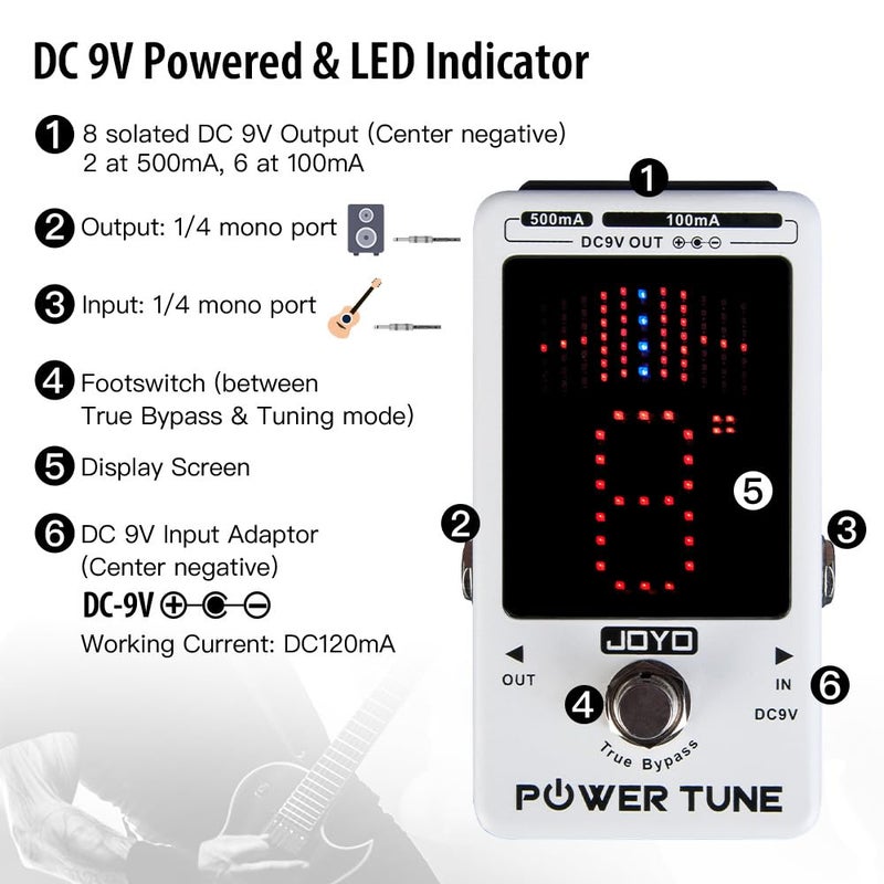 JOYO Power Supply Tuner Pedal with Isolated 8-Channel (2 at 500mA, 6 at 100mA) Low Noise DC 9V Output - True Bypass (Power Tune JF-18R) - Image 4