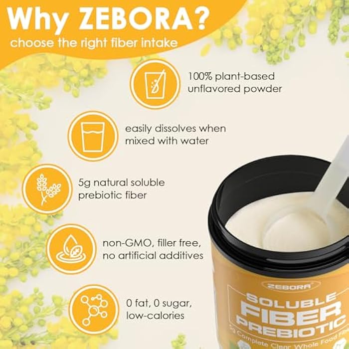 ZEBORA Fiber Supplement Powder, Soluble Prebiotic Fiber Powder Unflavored with Acacia for Digestive Health, Regularity and Hunger Control No Sugar Added, No Grit, Gluten Free, 70 Servings - Image 3