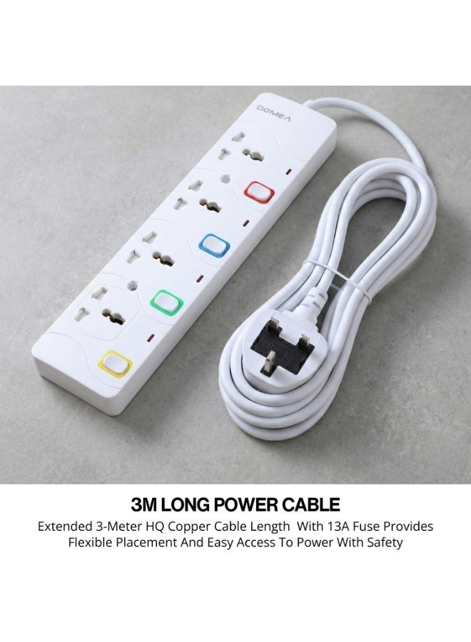 DOMEA Multi-Way Power Extension Strip, 4 Way Universal Socket, Individual On/Off Switches, 3-Meter Cable - Surge Protected, Charging Station for Home, Office, Kitchen, Apartment - White-AX132 - Image 2