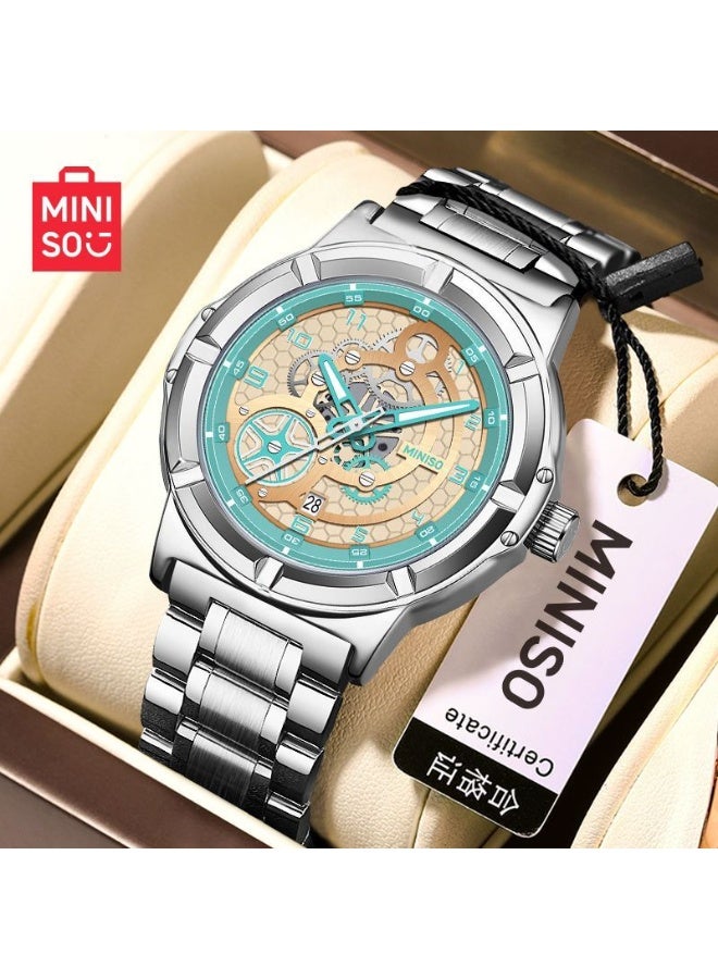 Miniso BEXEI Skeleton Dial Men's Watch – Stainless Steel, 3D Gear Design, Calendar Window, 30M Water Resistant, Night Light - Image 1