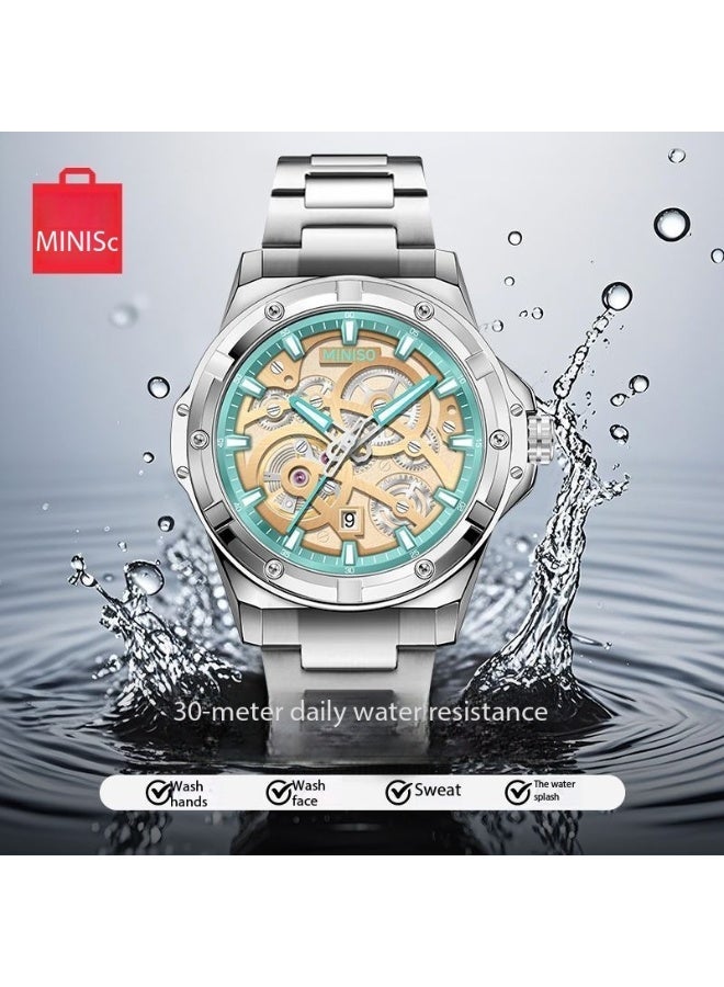 Miniso BEXEI Skeleton Dial Men's Watch – Stainless Steel, 3D Gear Design, Calendar Window, 30M Water Resistant, Night Light - Image 4