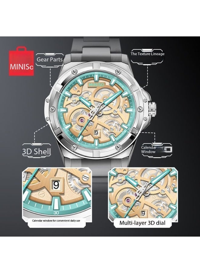 Miniso BEXEI Skeleton Dial Men's Watch – Stainless Steel, 3D Gear Design, Calendar Window, 30M Water Resistant, Night Light - Image 2