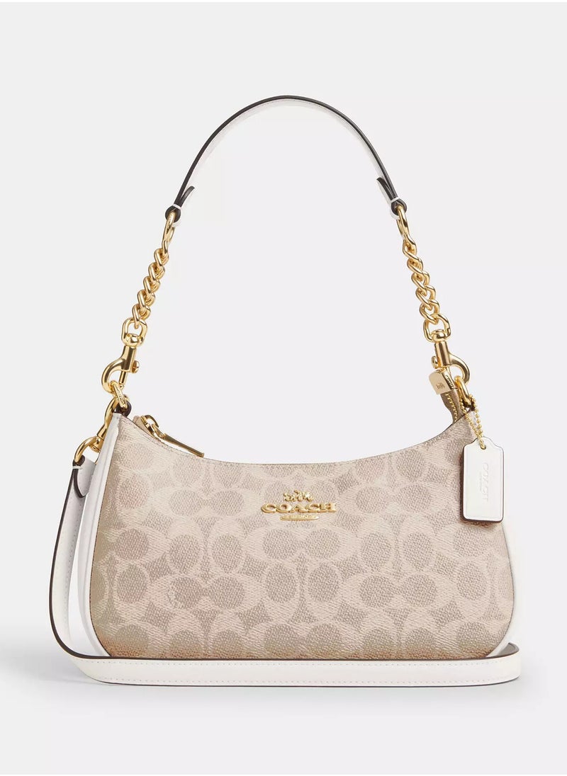 coachoutlet Coach Teri Women's Shoulder Bag In Signature Canvas, Women's Hand Bag, Women's Hobo Bag, Women's Tote Bag, Women's Travel Bag, Gold-White 24cm  - Image 1