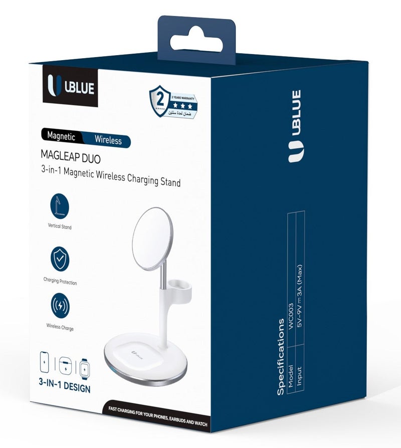 يوبلو شاحن لاسلكي مغناطيسي من سبائك الزنك من يو بلو، قاعدة شحن 3 في 1، مدخل USB-C بجهد 5-9 فولت/3 أمبير كحد أقصى، أبيض اللون، متوافق مع أجهزة آيفون/سماعات الأذن/ساعة أبل - Image 3