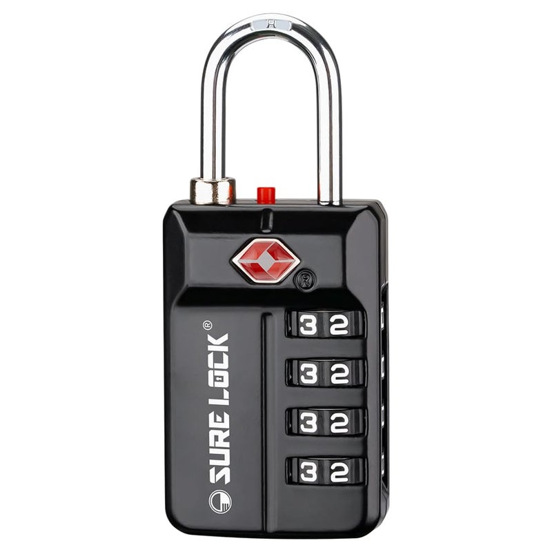 SURE LOCK TSA Approved 4Digit Resettable Combination Luggage Lock with Open Alert EasyRead Dials for Luggage School Lockers Gym Office Toolbox Security Cases Black 1 Pack