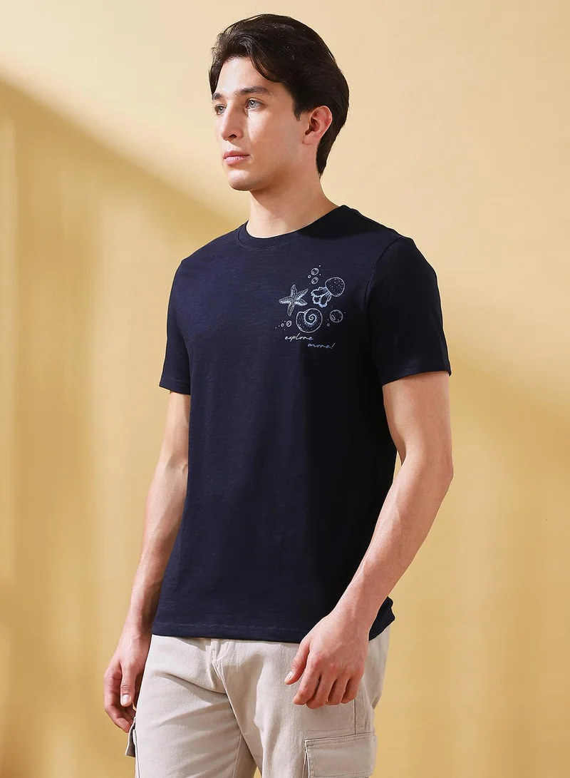 Dennis Lingo Men's Navy Cotton Printed Regular Fit T-Shirt