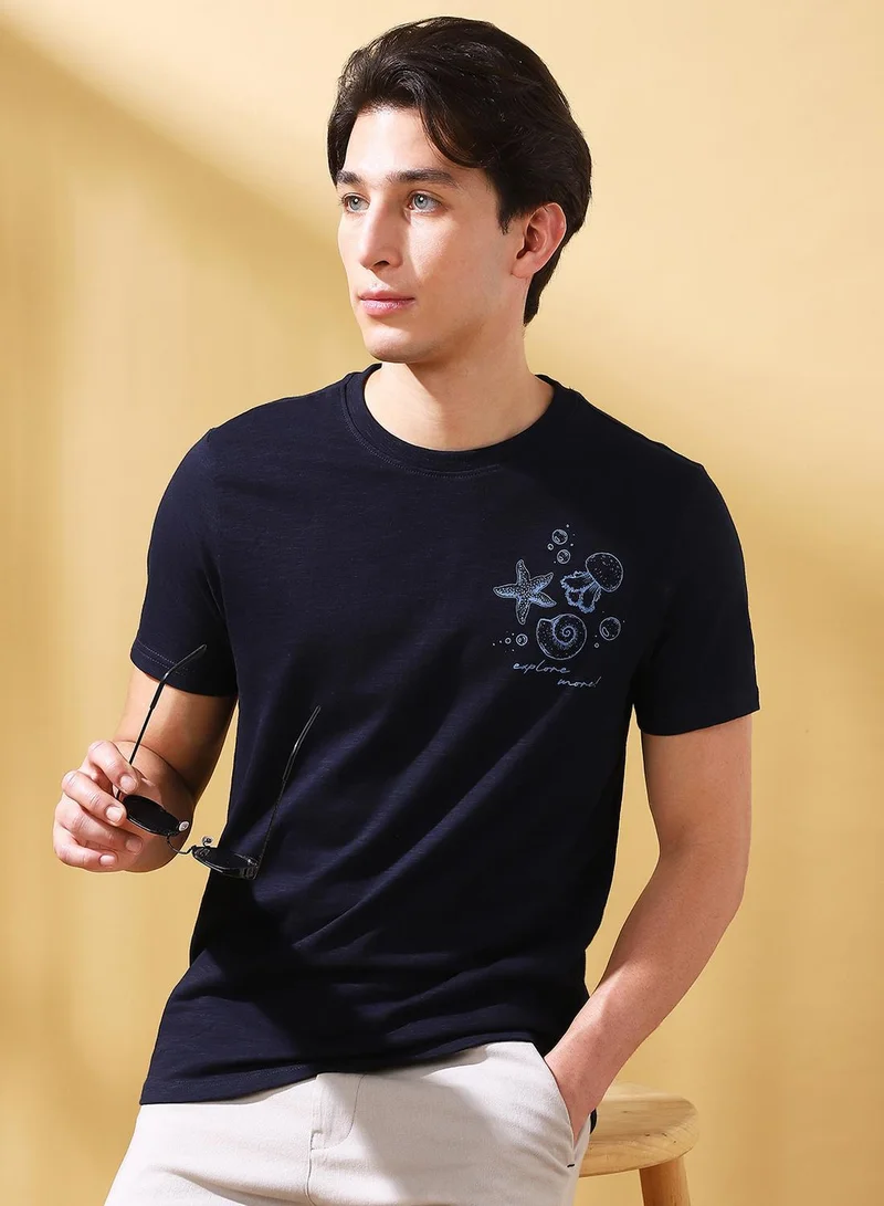 Dennis Lingo Men's Navy Cotton Printed Regular Fit T-Shirt