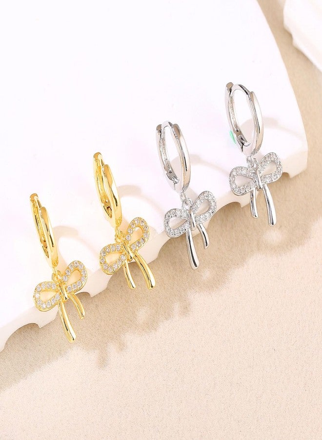 Spiritlele Bow Earrings for Women Silver CZ Huggie Hoop Earrings Bow Knot Jewelry - Image 2