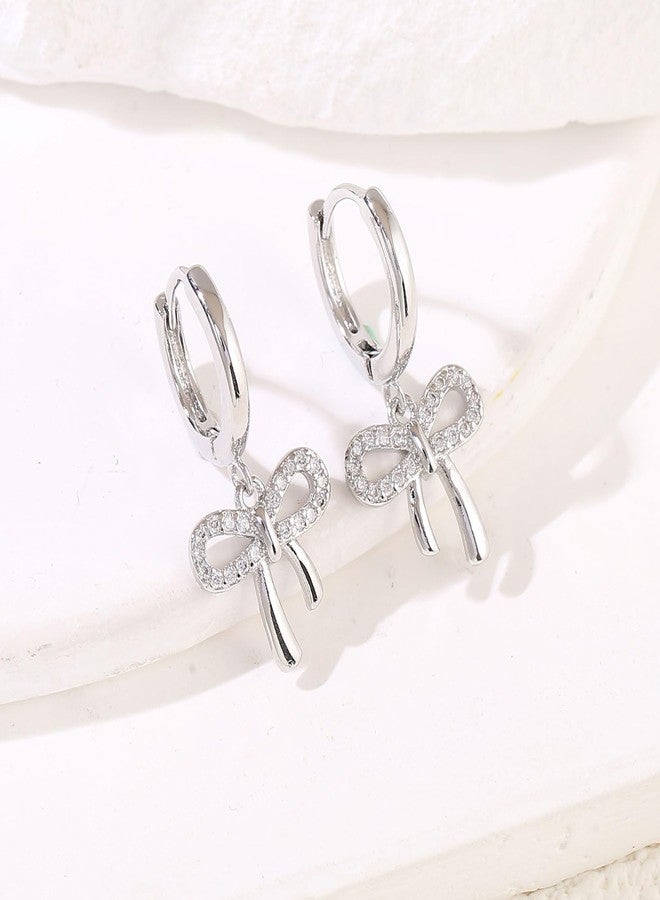 Spiritlele Bow Earrings for Women Silver CZ Huggie Hoop Earrings Bow Knot Jewelry - Image 4