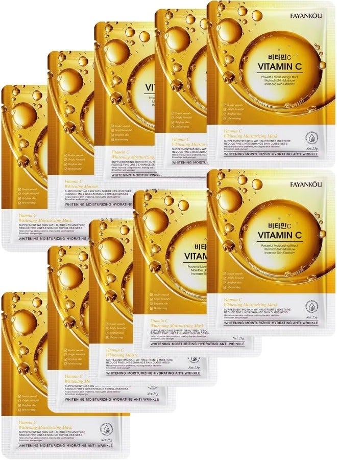 10Pcs Vitamin C Facial Mask Tender Smooth Brightening Moisturizing Hydrating Nourishing Whitening Vitamin C Face Mask Sheet Reduce Fine Lines Enhance Skin Anti Wrinkle Face Mask