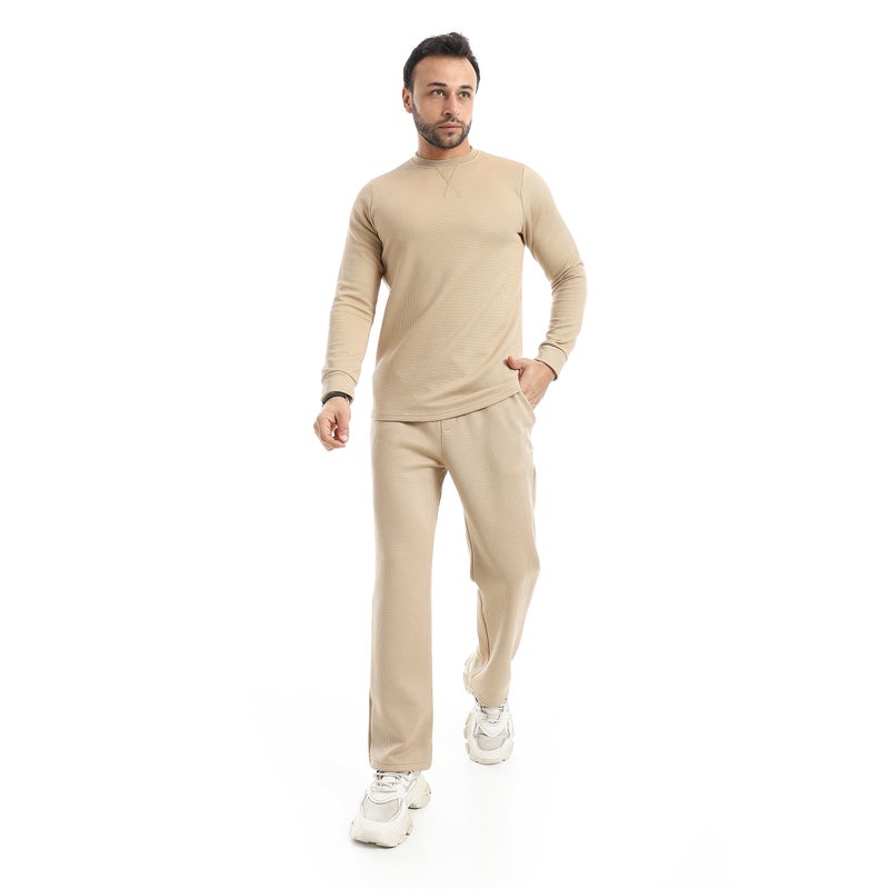 Andora Crew Neck Collar Self Patterened Beige Long Sleeves Pullover-Beige - Image 5