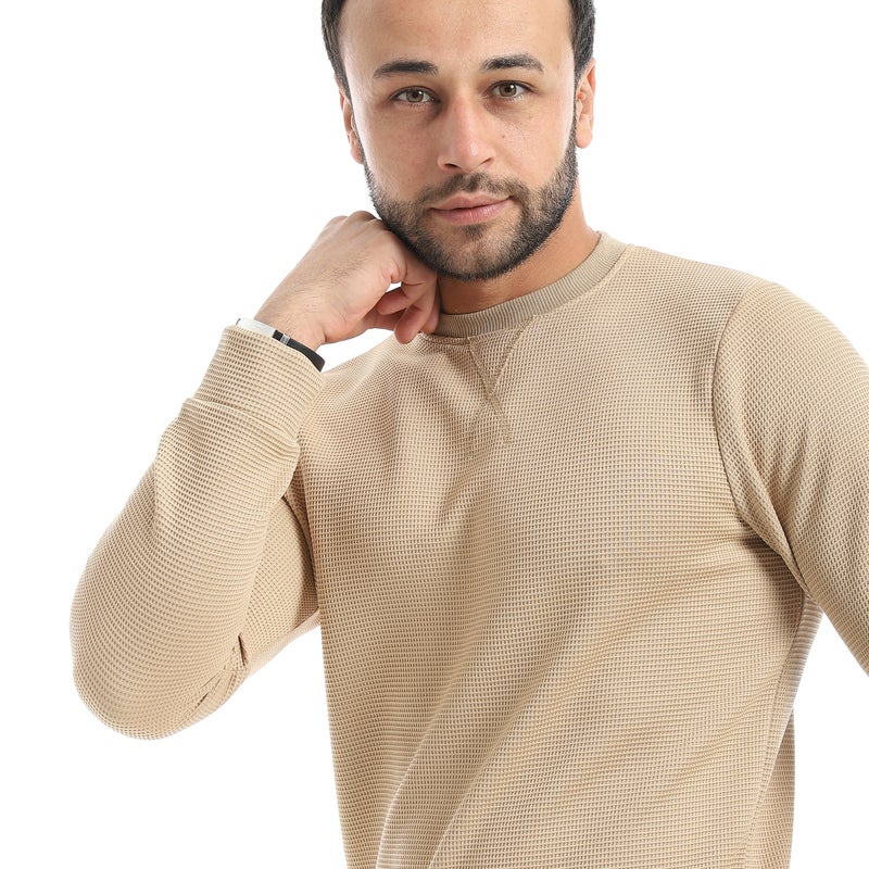 Andora Crew Neck Collar Self Patterened Beige Long Sleeves Pullover-Beige - Image 4