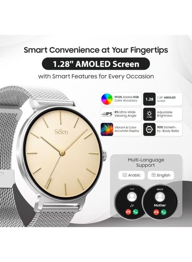 إكسيل ساعة إكسيل سيلين 3 الذكية للنساء | شاشة AMOLED مقاس 1.27 بوصة | تصميم أنيق | مقاومة للماء والغبار بمعيار IP67 | مكالمات بلوتوث | قياس معدل ضربات القلب ونسبة تشبع الأكسجين في الدم | كشف التمارين الرياضية | بطارية تدوم أسبوعًا | تدعم اللغتين الإنجليزية والعربية - إطار وسوار معدني فضي - Image 4