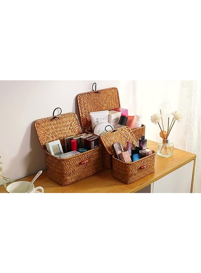 LINGWEI Set of 3 Seagrass Handmade Woven Storage Basket with Lid Rectangular Natural Rattan Box Multifunctional Makeup Organizer Shelf Basket - Image 4