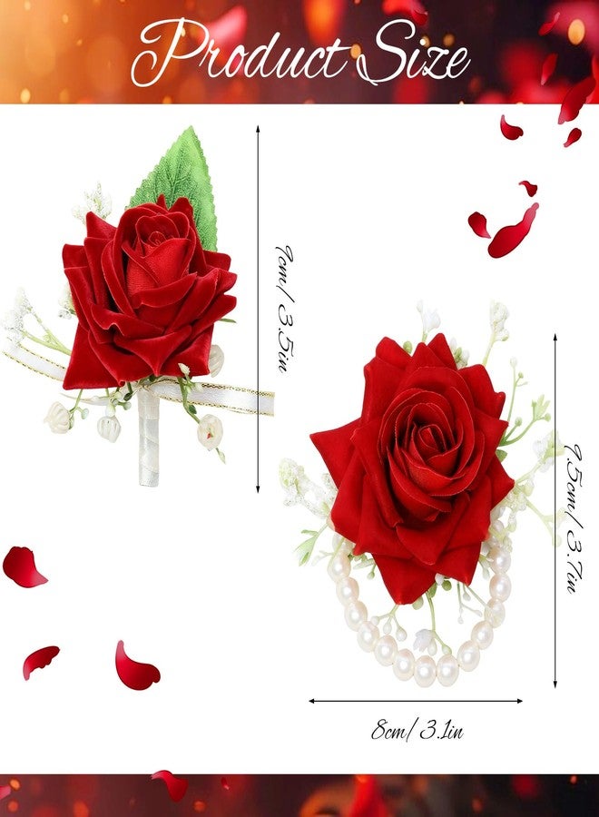 Sdfvsdg 4Pcs Red Rose Corsage and Boutonniere Set Artificial Corsage Wristlet Band Bracelet Men Boutonniere for Wedding Party Prom Decor Flowers Accessories Party - Image 2