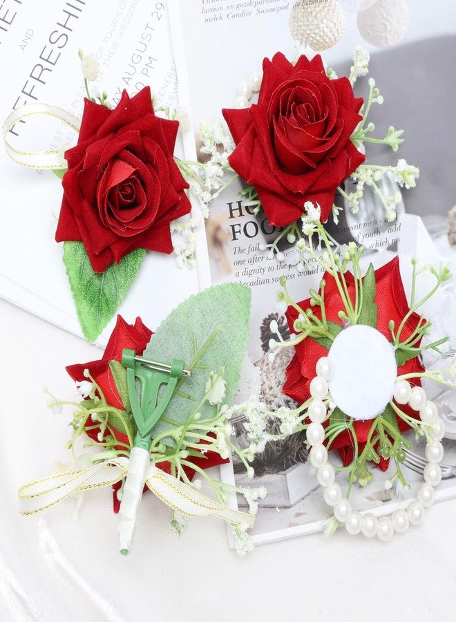 Sdfvsdg 4Pcs Red Rose Corsage and Boutonniere Set Artificial Corsage Wristlet Band Bracelet Men Boutonniere for Wedding Party Prom Decor Flowers Accessories Party - Image 4