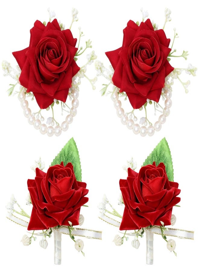 Sdfvsdg 4Pcs Red Rose Corsage and Boutonniere Set Artificial Corsage Wristlet Band Bracelet Men Boutonniere for Wedding Party Prom Decor Flowers Accessories Party - Image 1