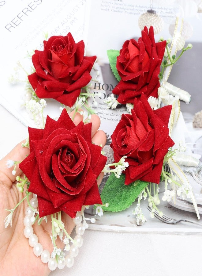 Sdfvsdg 4Pcs Red Rose Corsage and Boutonniere Set Artificial Corsage Wristlet Band Bracelet Men Boutonniere for Wedding Party Prom Decor Flowers Accessories Party - Image 3