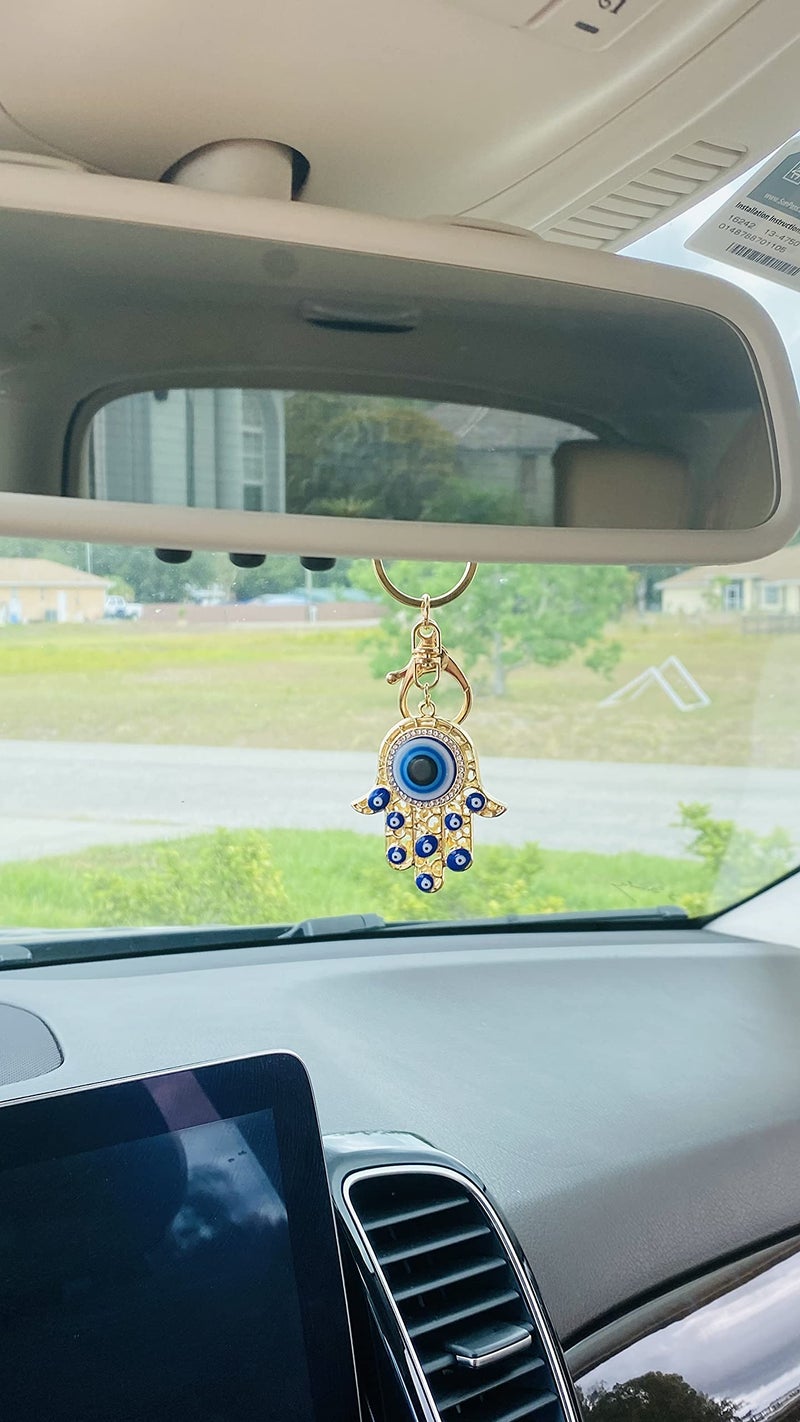Luckboostium Hamsa تميمة يدوي قلادة مع أحجار الراين الكريستالية - الأزرق الأبيض والأسود Evil Eye Keychain - إكسسوارات الرؤية الخلفية - سحر حقيبة الباب (Gold Hamsa) - Image 3