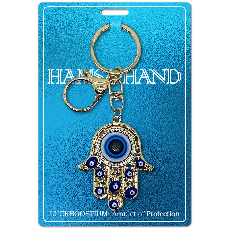 Luckboostium Hamsa تميمة يدوي قلادة مع أحجار الراين الكريستالية - الأزرق الأبيض والأسود Evil Eye Keychain - إكسسوارات الرؤية الخلفية - سحر حقيبة الباب (Gold Hamsa) - Image 2