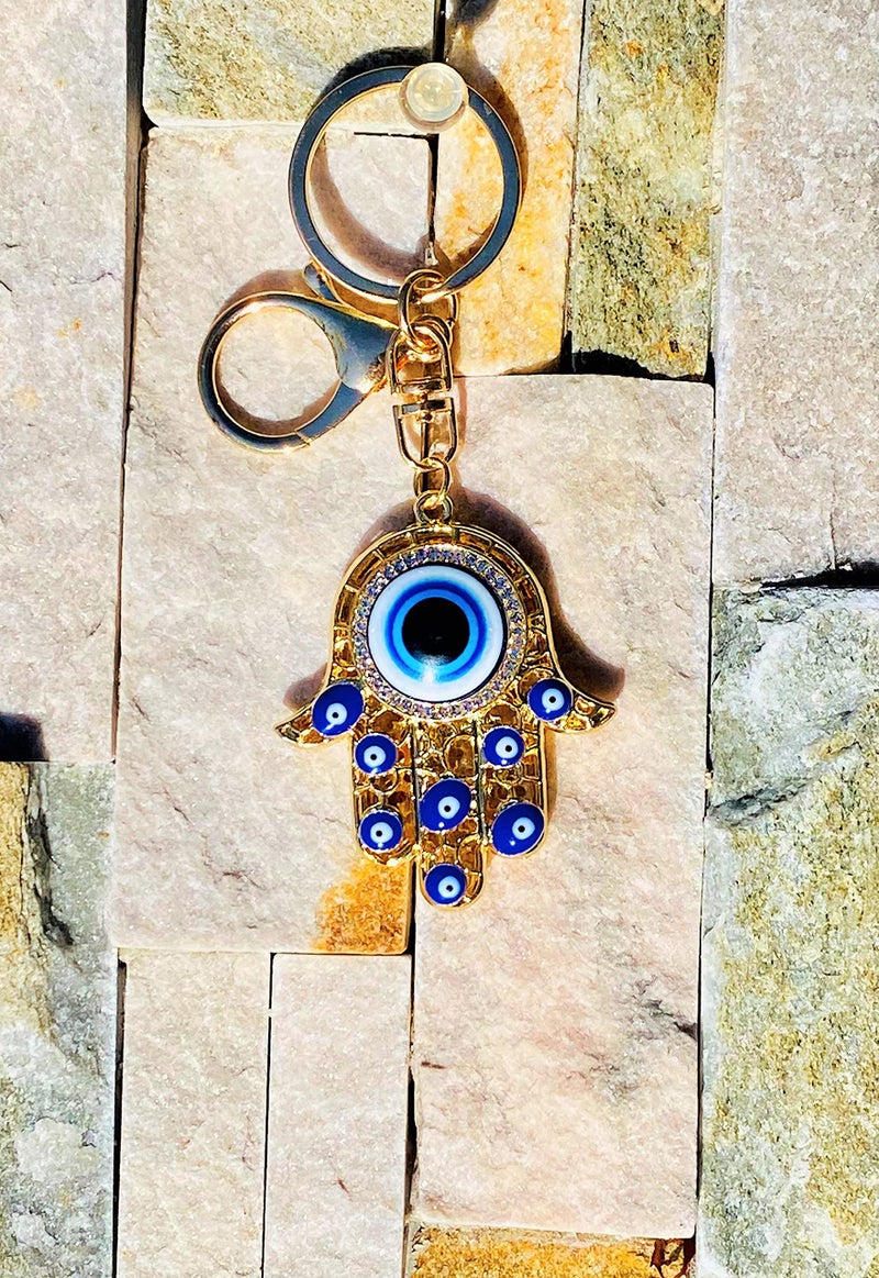 Luckboostium Hamsa تميمة يدوي قلادة مع أحجار الراين الكريستالية - الأزرق الأبيض والأسود Evil Eye Keychain - إكسسوارات الرؤية الخلفية - سحر حقيبة الباب (Gold Hamsa) - Image 5