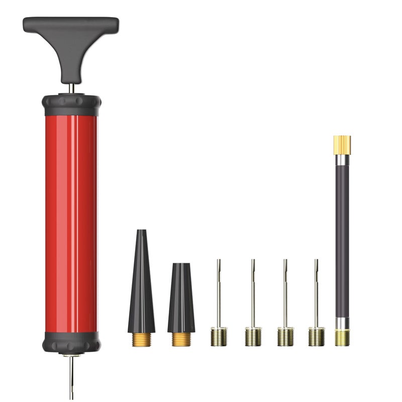 HDNNC Portable Ball Pump, Air Pump, Hand Pump Inflator Kit with 4 Needles 2 Nozzle 1 Extension Hose for Basketball Football Volleyball Soccer - Red - Image 1