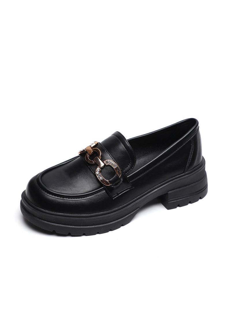 Loquat Academic Round Toe Soft Sole Single Shoes Black  - Image 1