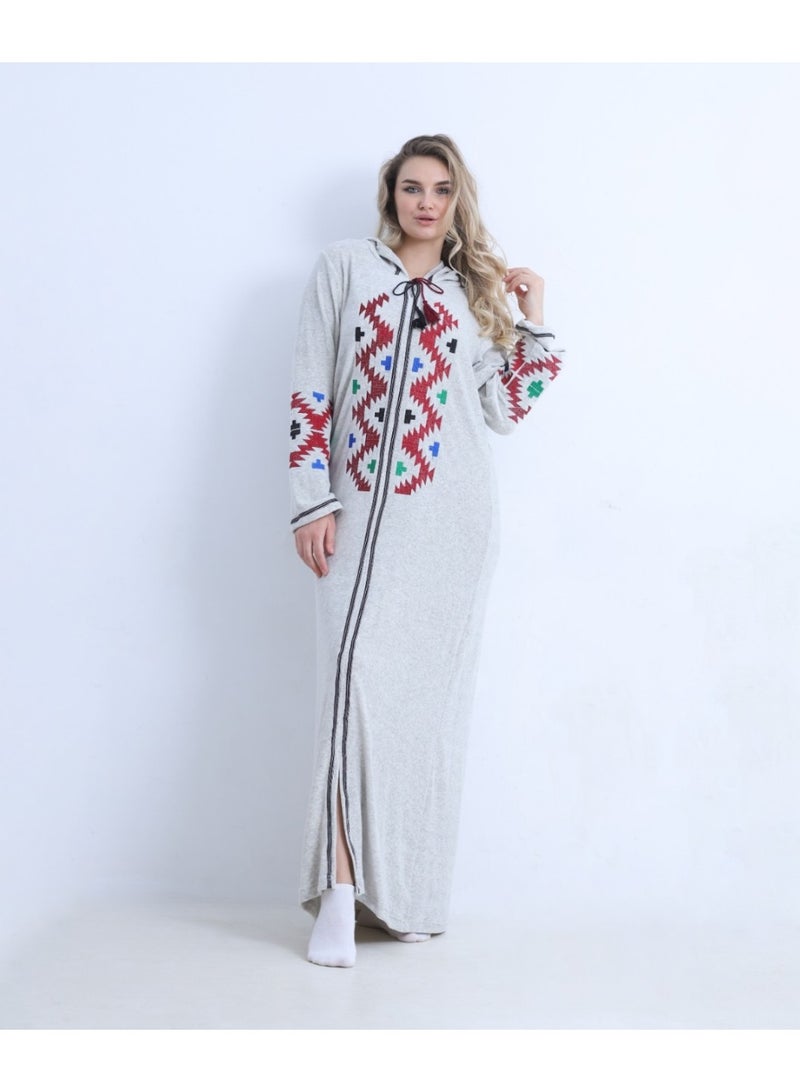 zecotex  Premium Heavy Velvet Embroidered Winter Galabeya with Hood - Wide Size Range (M to 6XL) - Image 3