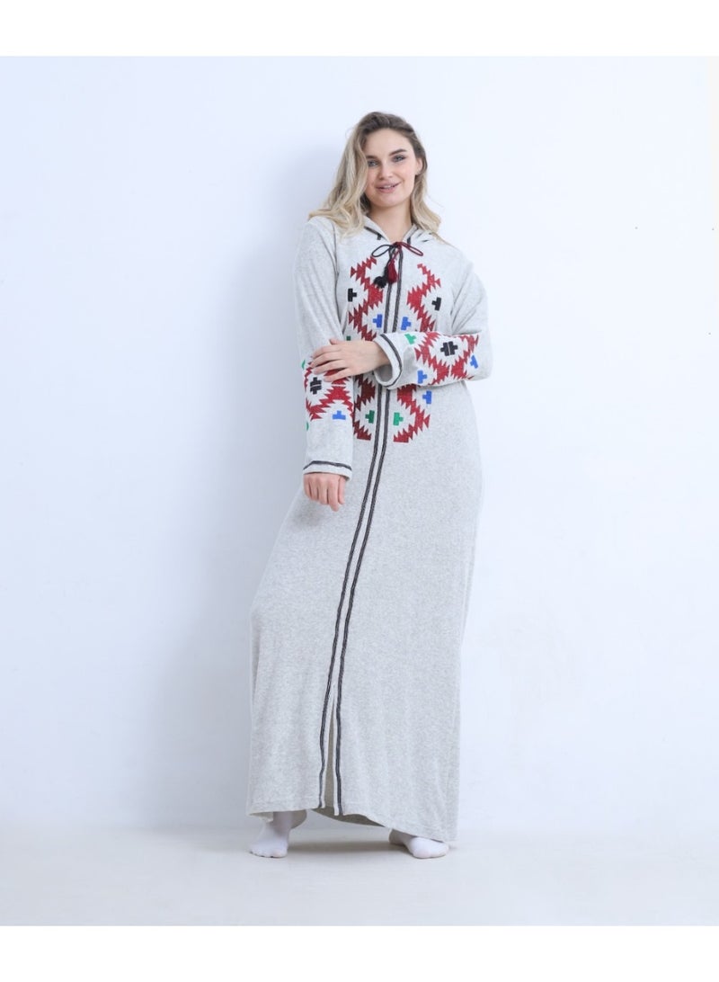 zecotex  Premium Heavy Velvet Embroidered Winter Galabeya with Hood - Wide Size Range (M to 6XL) - Image 1