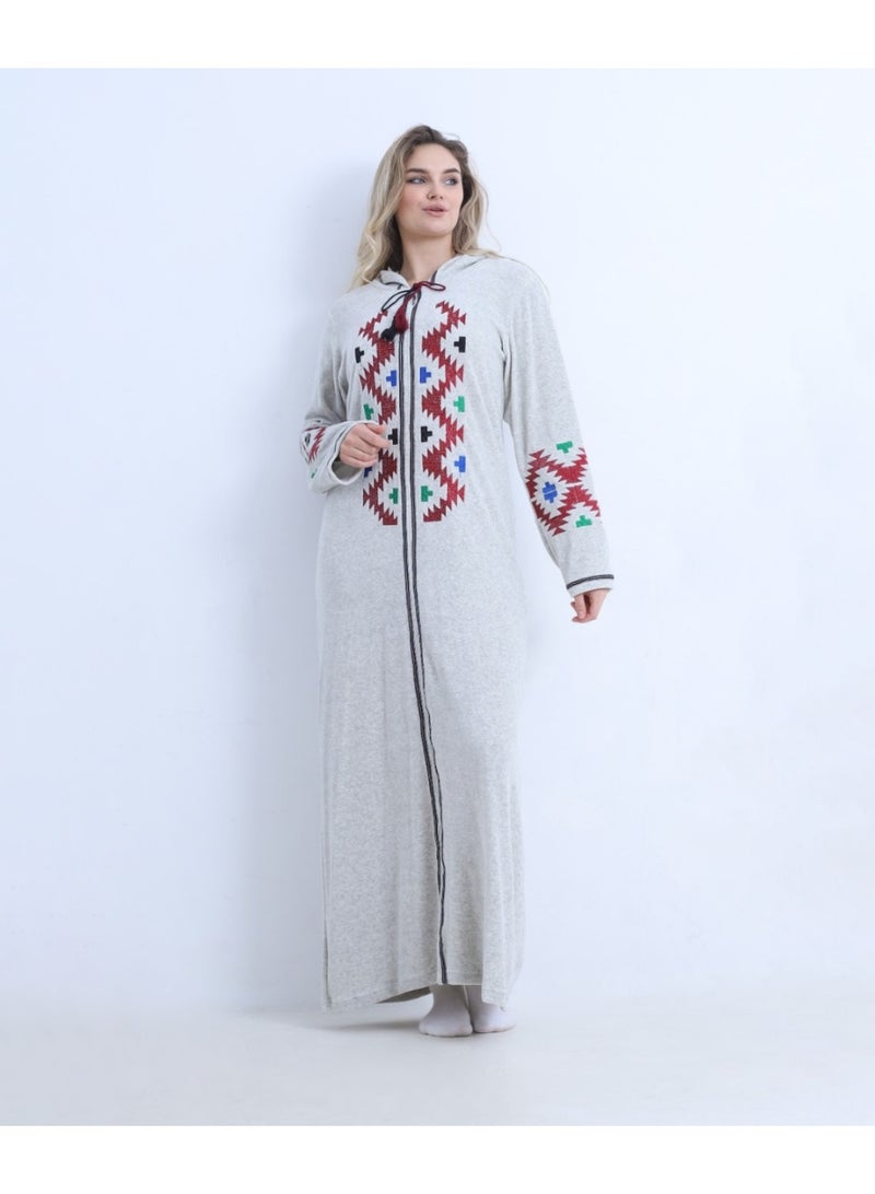 zecotex  Premium Heavy Velvet Embroidered Winter Galabeya with Hood - Wide Size Range (M to 6XL) - Image 2