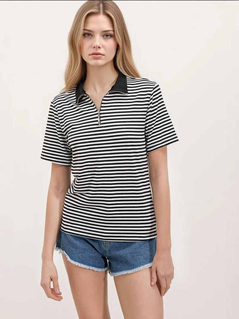 BIG DART BDART Striped Zipper Collar T-Shirt