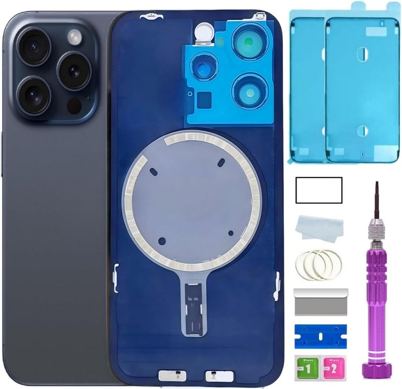 ZVB 15 Pro Back Glass Replacement for iPhone 15 Pro Back Glass (6.1 Inches) with Pre-Installed Plate + Camera Frame + Lens + Reparing Tools (Blue Titanium) - Image 1