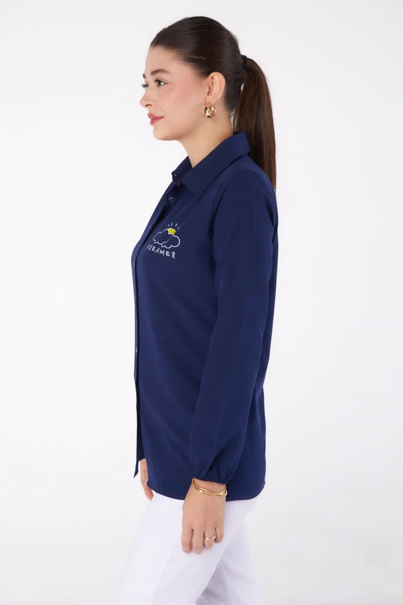 Tofisa Plain Shirt Collar Women's Navy Blue Printed Shirt - 13342