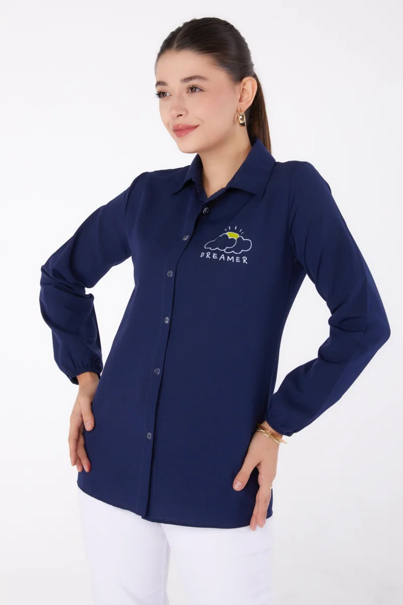 Tofisa Plain Shirt Collar Women's Navy Blue Printed Shirt - 13342