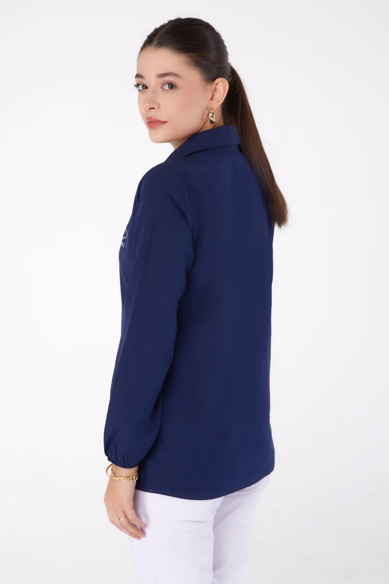 Tofisa Plain Shirt Collar Women's Navy Blue Printed Shirt - 13342