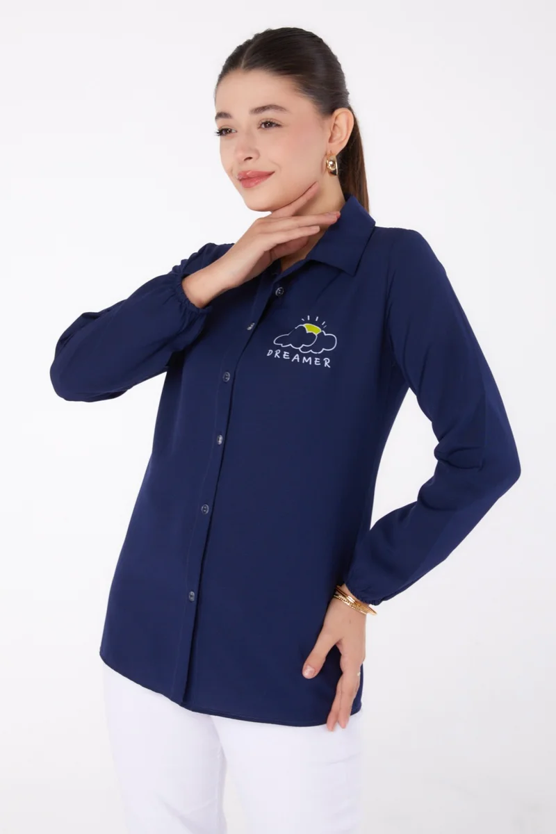 Tofisa Plain Shirt Collar Women's Navy Blue Printed Shirt - 13342