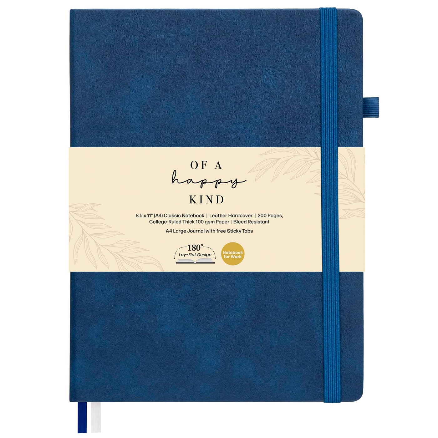 Of a Happy Kind Classic Lined Journal Notebook 8.5x11" A4 Hardcover Leather - Blue - 200 Pages College Ruled Large with Sticky Tabs, Pockets, and Pen Loop for Writing and Journaling - Big Hardback Men